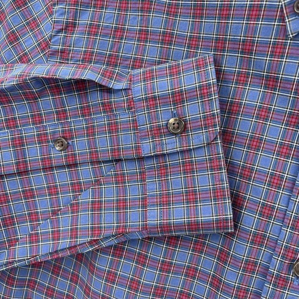 Ralph Lauren Shirt Mens Large Blue Red Plaid Button Up Tartan Cotton‎ Stretch